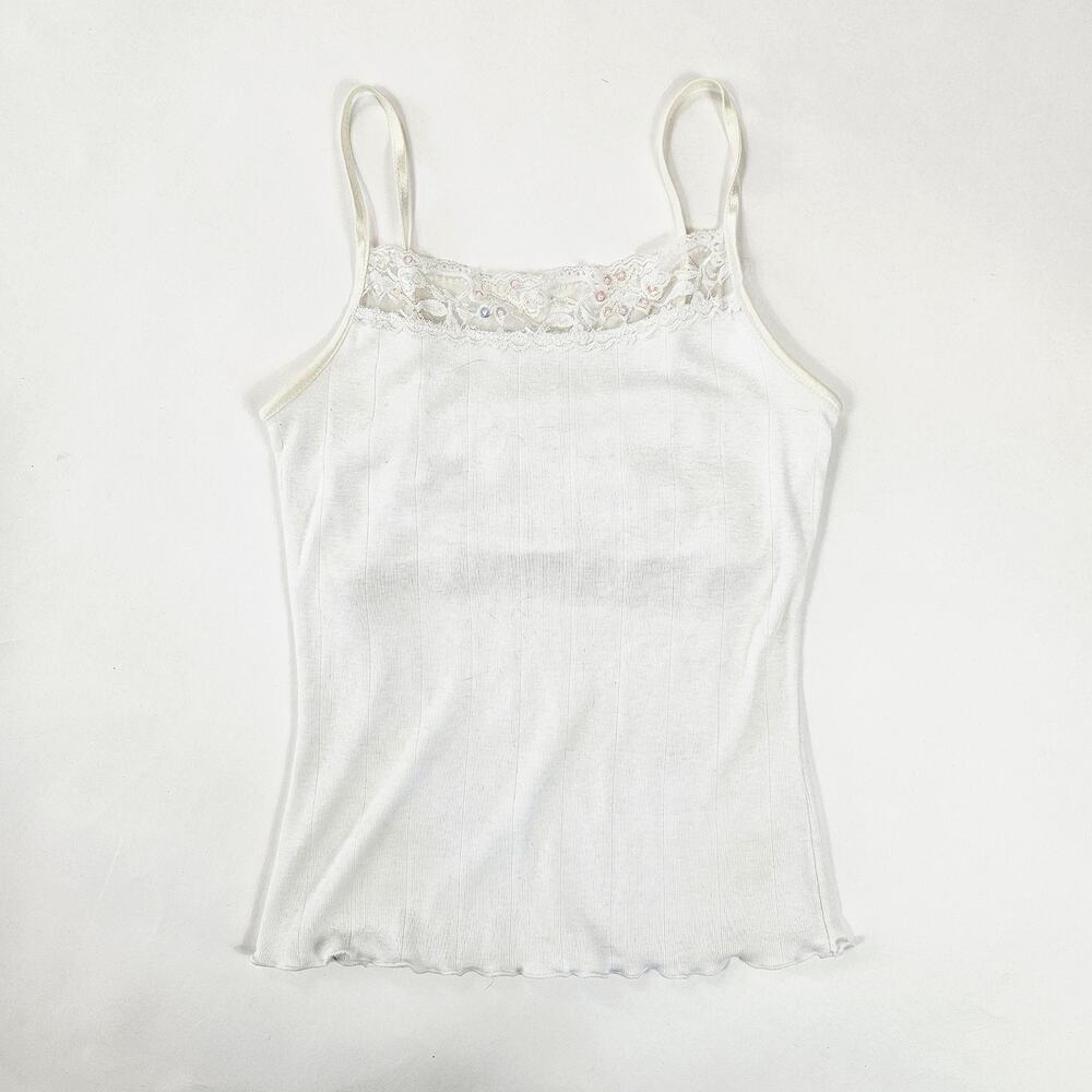 Y2k White Cami Top Sequin Lace Detail Coquette - Small